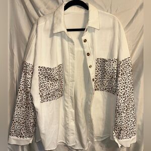 Cream Corduroy Shirt Jacket with Leopard Accent